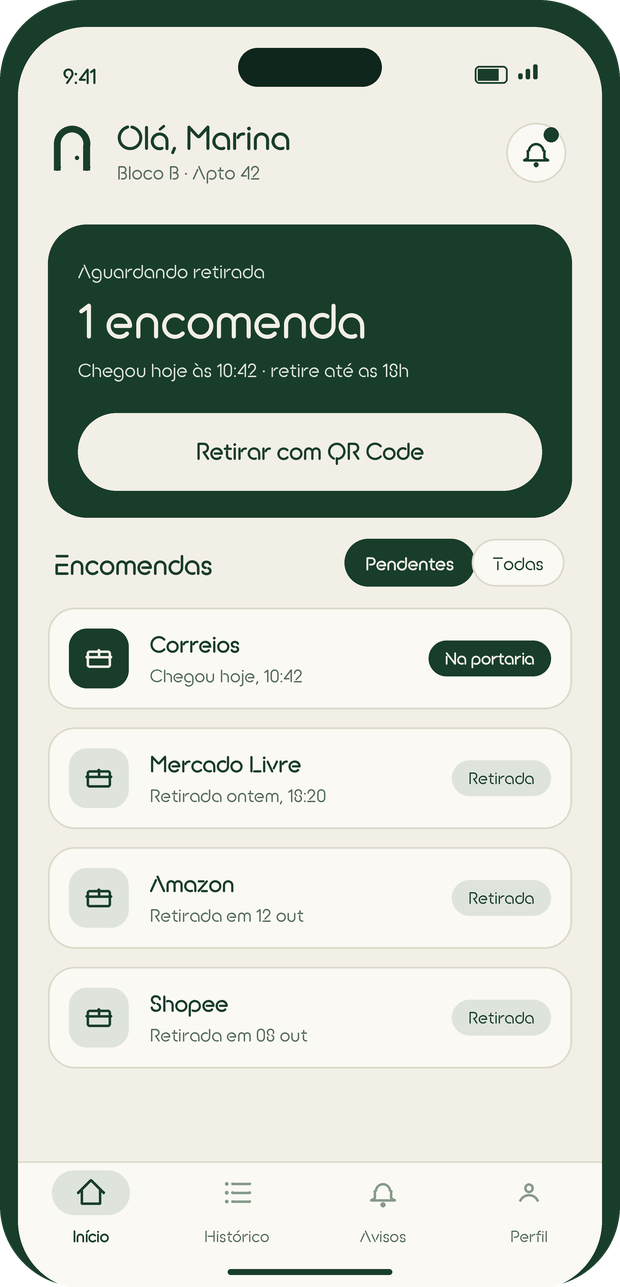 Tela inicial do morador no nókee, com uma encomenda aguardando retirada
