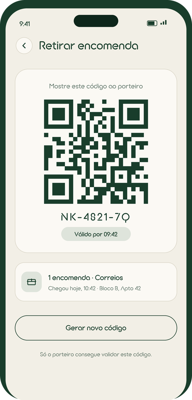 Tela com o QR Code para retirar a encomenda