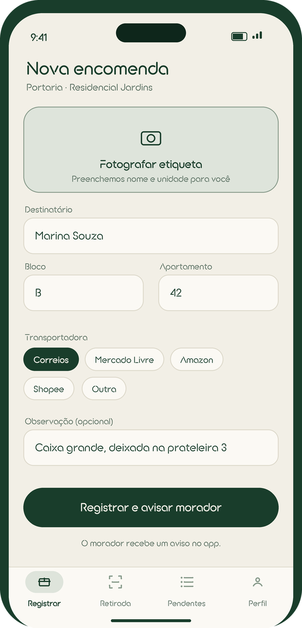 Tela de registro de nova encomenda pelo porteiro